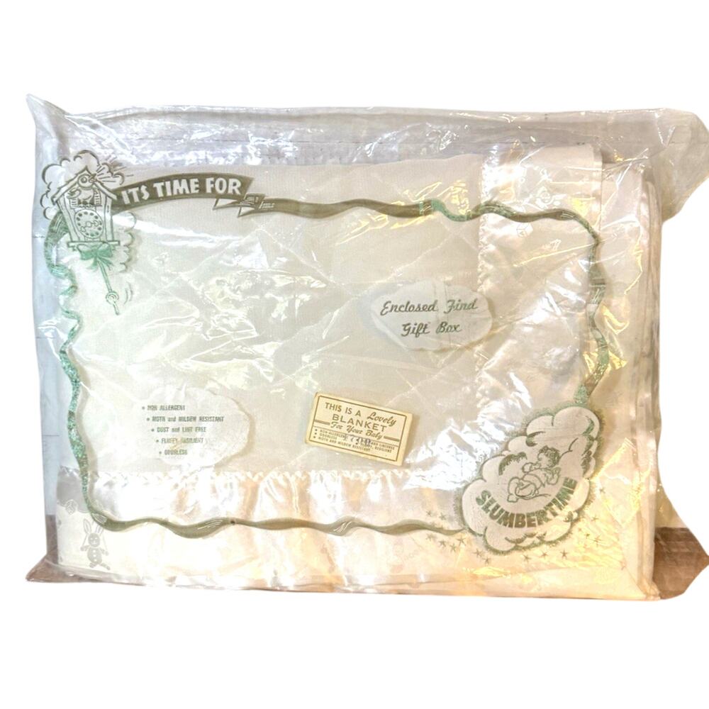 NIP Vintage Slumbertime Baby Blanket White Quilted Satin Trim Crib Blanket